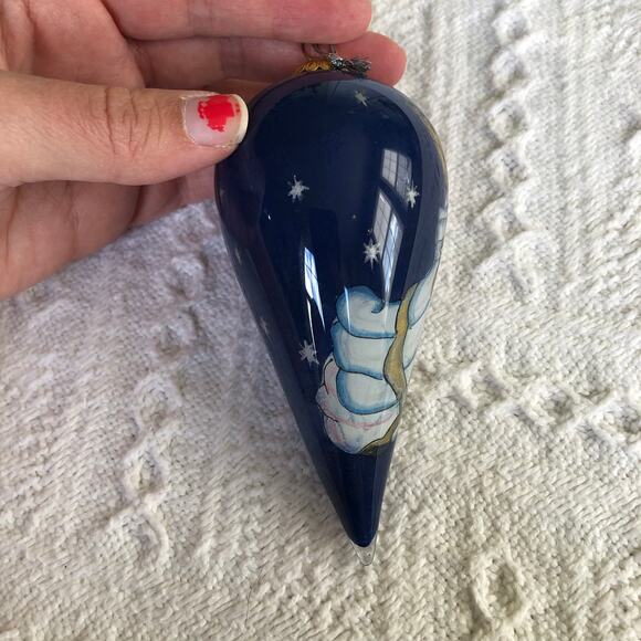 Vintage Hand-Painted Glass Angel Teardrop Ornament Navy Blue Cone 4.5" - Picture 5 of 7